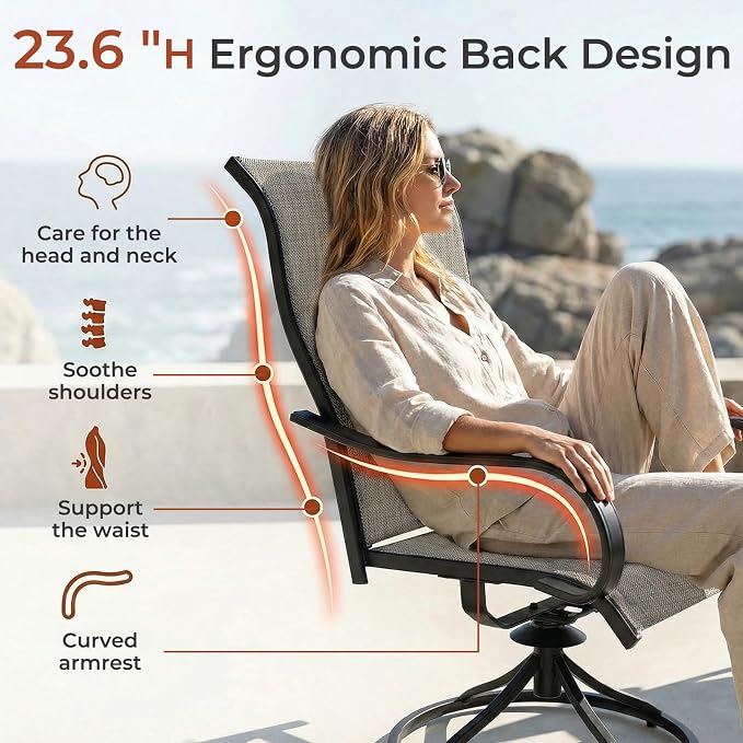 TLSUNNY 3 Piece Patio Dining Set for 2, Outdoor Table and Chairs W/1.57"-1.8" Adjustable Umbrella Hole & Foot Pads, 27.6" Round Metal Table and Patio 360° Swivel Chair, Rocking not Included (Brown)