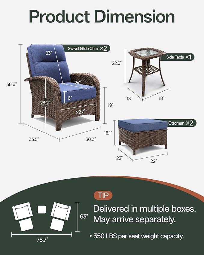 5-Piece Patio Furniture Set with 6-Inch Thick Cushions, High Back Outdoor Arm Chairs and Table, All-Weather Conversation Set for Porch, Deck, Balcony, Yard in Blue