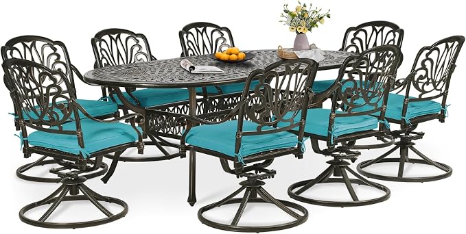 9-Piece Patio Dining Set, Outdoor Patio Table and Chair Set of 84” Oval Cast Aluminum Dining Table with Umbrella Hole, 8 Patio Dining Swivel Chairs Padded, Patio Funiture Set, Blue