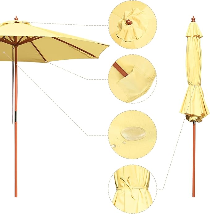 9 Ft Wooden Patio Umbrella 8 Ribs Table Parasol Rope Pulley Outdoor Garden Yard