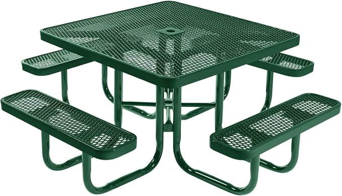 COATEDOUTDOORFURNITURE Heavy-Duty Portable Outdoor Picnic Table with Umbrella Hole, Expanded Metal Commercial-Grade Patio Furniture Made in America (46" Square Top, Green with Green Frames)