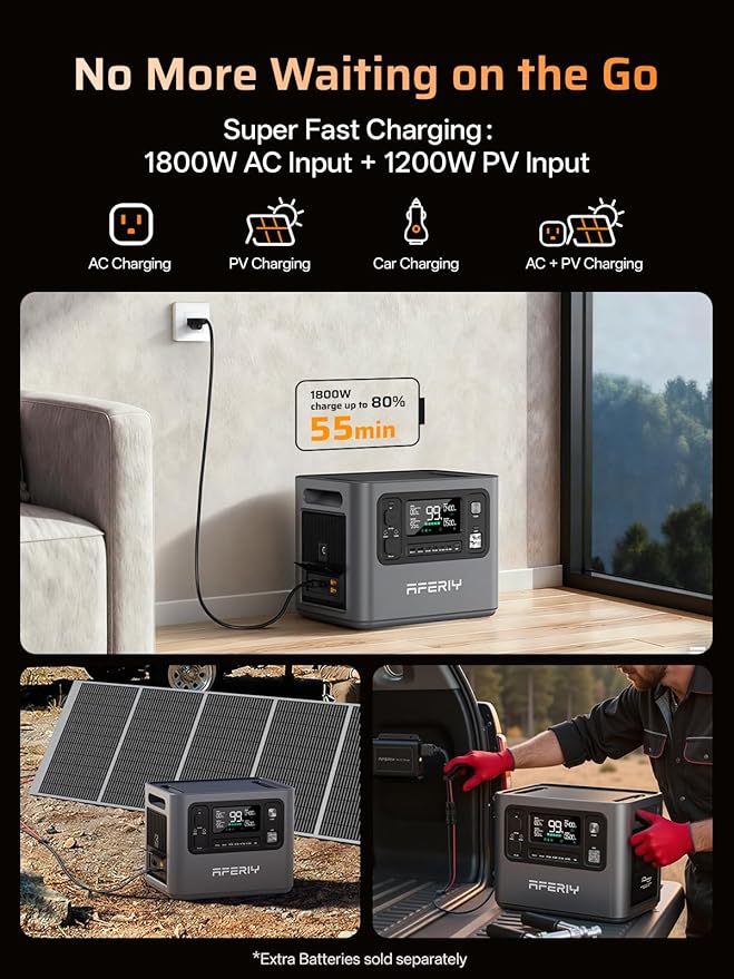 AFERIY P280 Portable Power Station 2800W (Peak 5600W) with DC600 580W Alternator Charger,2048Wh LiFePO4 Battery,Dual Solar Input,6x Fast Charging On the Go,Camping,and RVs(Shipped Separately)