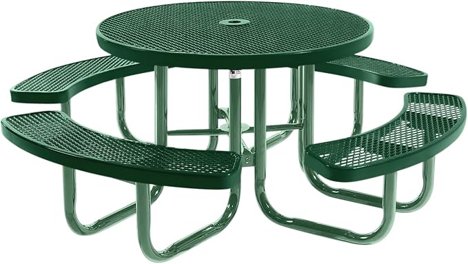COATEDOUTDOORFURNITURE Heavy-Duty Portable Outdoor Picnic Table with Umbrella Hole, Expanded Metal Commercial-Grade Patio Furniture Made in America (46" Round Top, Green with Green Frames)