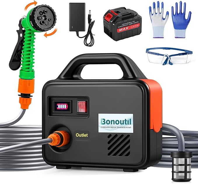 21V Battery Powered Water Pump 240GPH Cordless Water Transfer Pump Battery Operated with Garden Hose Nozzle 7 Spray Modes for Watering Car Washing Tub Fish Tank Inflatable Pool (Black)