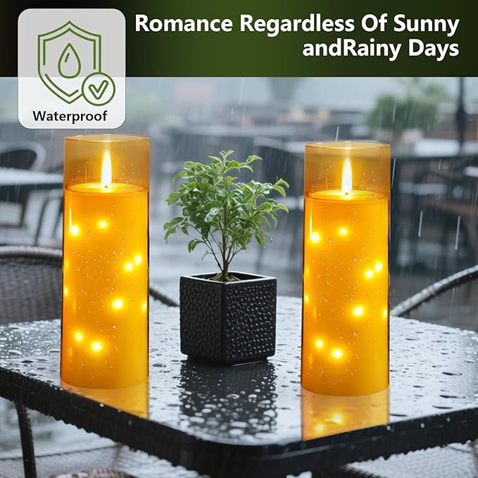 kakoya 11" x 4" Large Outdoor Waterproof Flameless LED Candles with Remote and Timer,Acrylic Pillar Candles Battery Operated with Embedded Star String for Porch,Patio,Outdoor Decor,Set of 2(Gold)