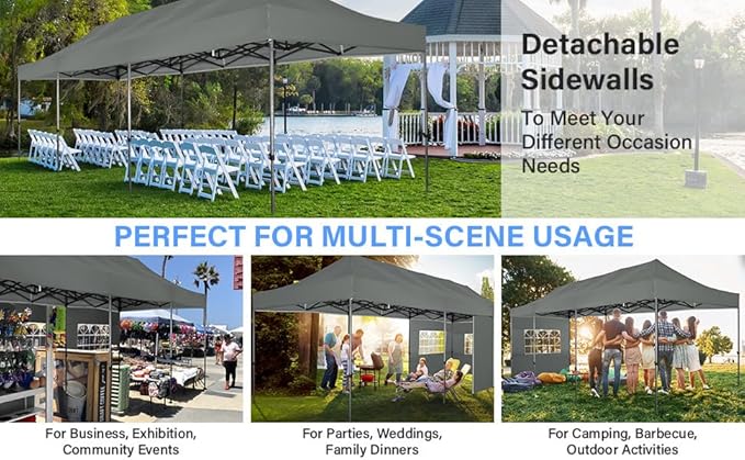 COBIZI 10x30 Pop up Canopy Tent Heavy Duty Without Sidewalls, Easy Set-up Commercial Outdoor Party Tents, 100% Waterproof Wedding Tent Gazebo, 3 Height Adjustable with Wheeled Bag, Gray