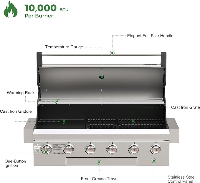 Brand-Man Propane Gas Grill, 40-Inch 6-Burner Built-In Head BBQ Island Outdoor Kitchen, Natural Gas Convertible, Heavy Duty 304 Stainless Steel, 60,000BTUs