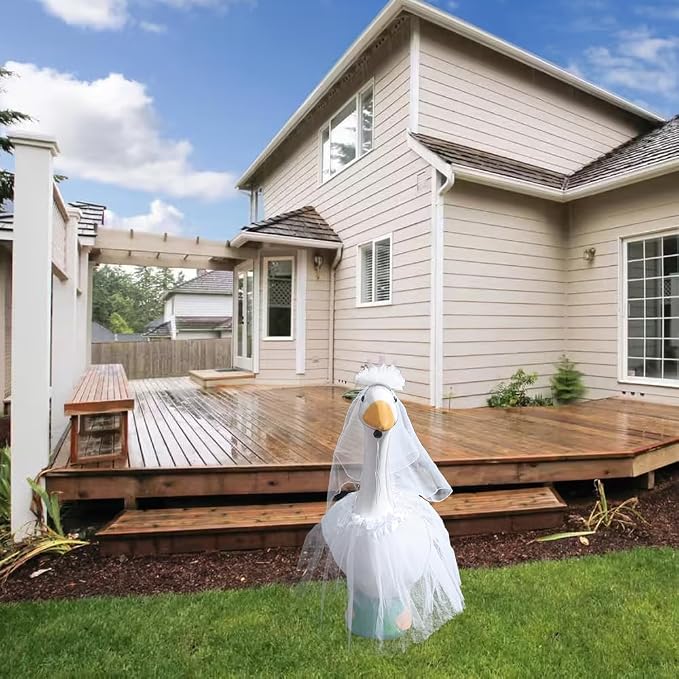 Wedding Porch Goose Outfits, Princess Themed Costume with Crown, Tiara, Veil & Tutu Skirt – Fits 17''/23'' Lawn Goose, White Lawn Decor for Garden & Wedding Events