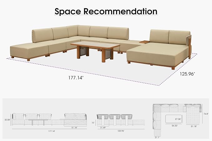 PURPLE LEAF Patio Furniture Set Modular U-Shaped Outdoor Sectional Sofa with 11" Thick Olefin Cushion 9-Piece Outdoor Conversation Set w/Daybed & Ottoman for Backyard Poolside Table Included, Beige