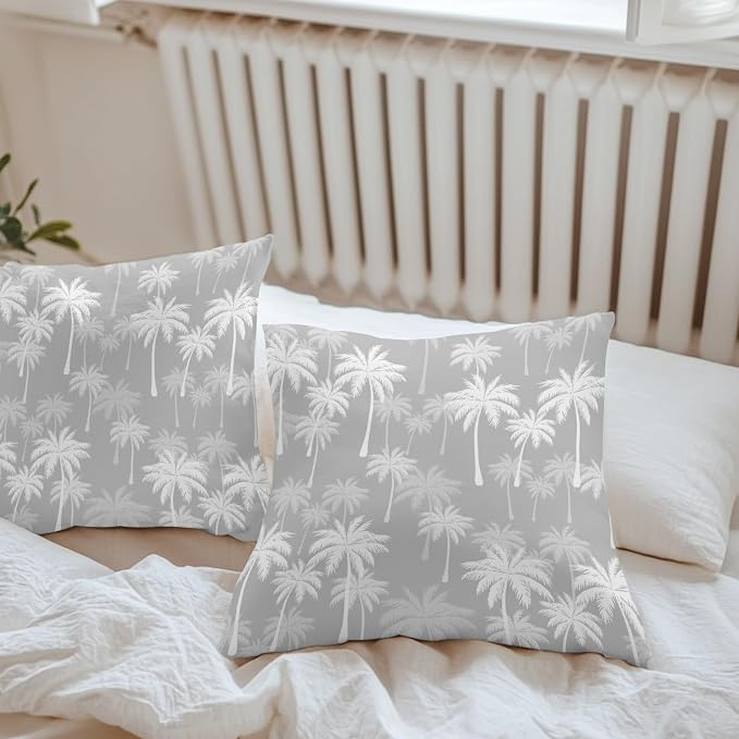 Throw Pillow Covers 20x20 Inch Set of 2, Tropical Palm Tree Waterproof Outdoor Pillow Covers, Gray White Plants Coastal Leaf Beach Decorative Cushion Pillowcases for Couch, Sofa, Bed, Garden, Patio