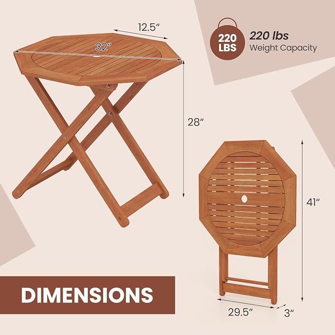 Tangkula 32-Inch Octagon Folding Outdoor Dining Table, Wood Patio Bistro Table with 2" Umbrella Hole and Slatted Tabletop, Outside Table for Garden, Yard, Porch, Teak Oil Finish, No Assembly Required