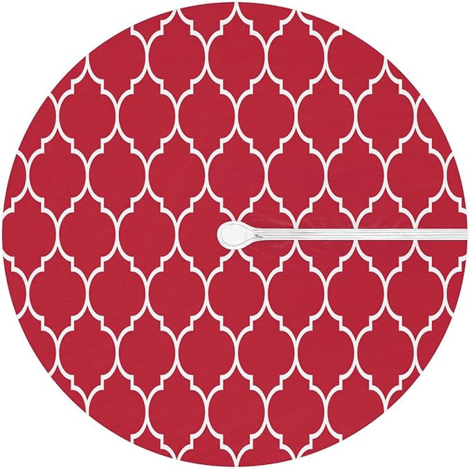 Round Tablecloth with Umbrella Hole and Zipper Moroccan Pattern Outdoor Elastic Fitted Table Cloth 45"-56" Oil-Proof Waterproof Burgundy Red Patio Table Cover for Picnic Party