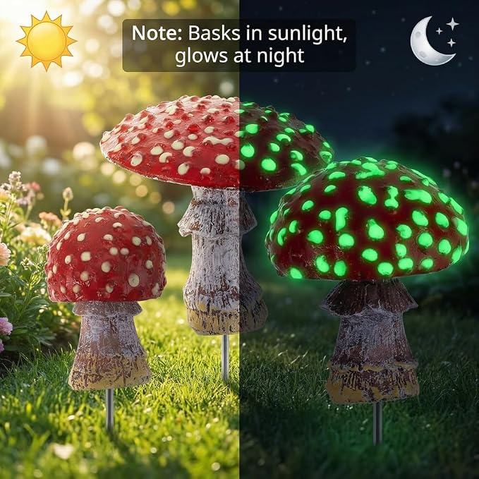 3PCS Glow in The Dark Mushroom Miniature Resin Mushroom Decor for Fairy Garden Mini Mushroom Statue for Outdoor Garden Bonsai Terrarium Decorations