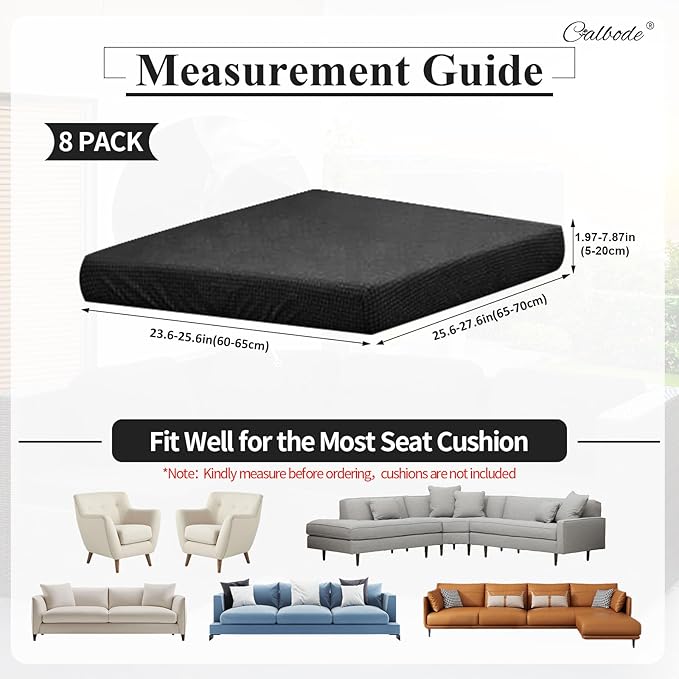 CALBODE 8Pcs Outdoor Stretch Cushion Covers,Waterproof Outdoor Chair Cushion Covers for Patio Furniture, Washable Jacquard Couch Covers Replacement for Patio Furniture(Black, Cover Only)