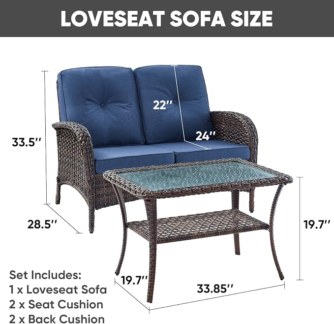 HUMMUH Outdoor Loveseat Sofa 2-Seat PE Wicker Couch with Coffee Table,Deep Seat High Back Patio Furniture for Balcony,Garden,Porch,Deck(Blue)