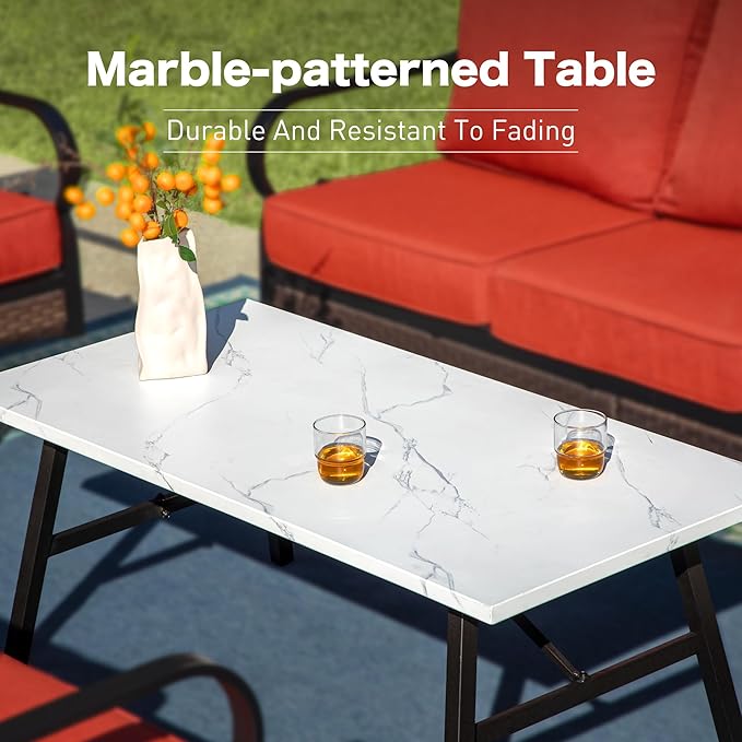 4 Piece Metal Outdoor Patio Furniture Set, Patio Conversation Sets 1 3-Seater Sofa, 2 Chairs with 5.75" Extra Thick Cushion and Coffee Table, Black Frame Backyard Furniture, Rust Red