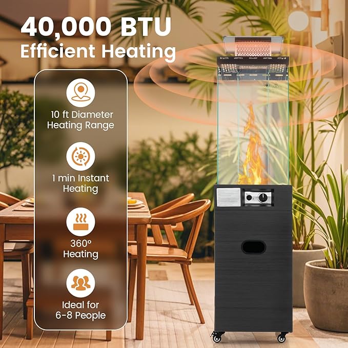 COSTWAY Outdoor Heater, 40,000 BTU Square Patio Propane Heater with Tempered Glass Tube, Protective Cover, Lockable Wheels, CSA Certified, Perfect for Porch Backyard Balcony Poolside, Black