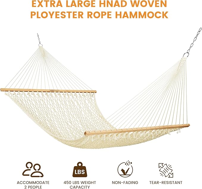 Lazy Daze Hammocks 13-FT Polyester Rope Hammock, Double 2 Person Traditional Hand Woven Outdoor Hammock with Spreader Bar, Carabiners, Tree Straps, Chains for Outside Patio- Max 450 Lbs, Natural