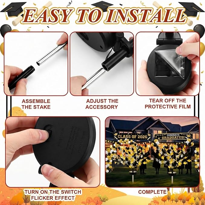VIHOSE 2 Pack 2026 Graduation Decorations Solar Stake Lights - Gold Black Silver Grad Cap LED Yard Sign, Ip65 Waterproof Solar Powered Outdoor Lights for Class of 2026 Party Lawn Pathway Patio Decor