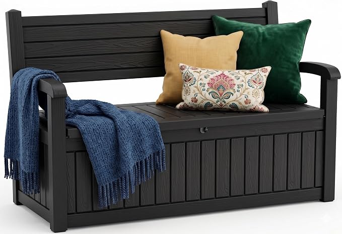 Storage Bench Outdoor Deck Box,100 Gallon Waterproof & UV Resistant Lockable Patio Furniture Seating.Indoor/Outdoor Shoe Storage Cabinet for Garden Cushions,Tools,Patio,Pool Supplies(Black)