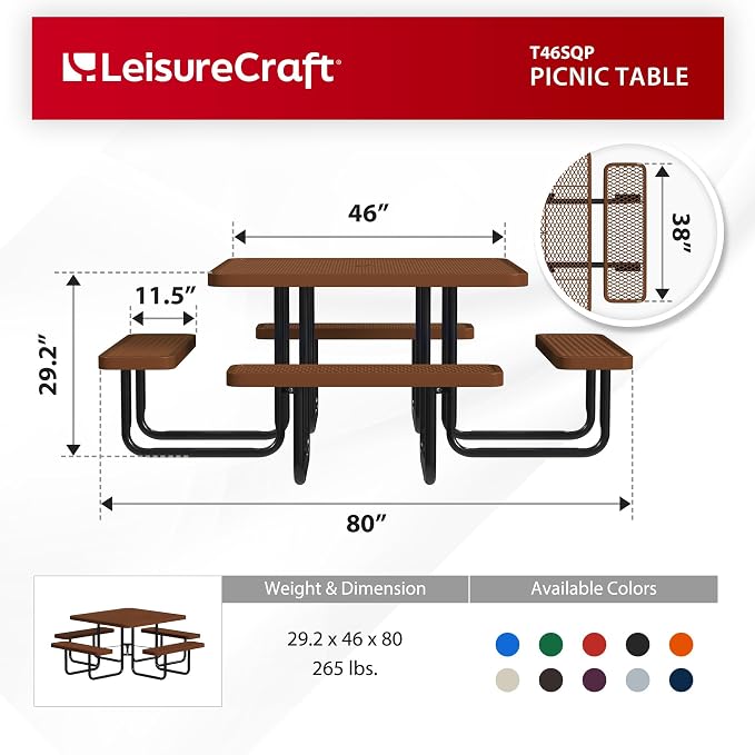 Leisure Craft Metal Picnic Table with Bench - 46" Square Outdoor Dining Table for 8 with Umbrella Hole, Weatherproof Heavy Duty Thermoplastic Coating, Commercial Grade Furniture Made in USA - Brown