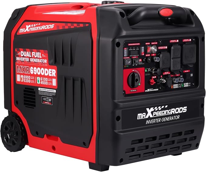 maXpeedingrods 6900 Watt Dual Fuel Inverter Generator, Gas and LPG Powered for Home Backup Power, Outdoor Camping, RV Ready