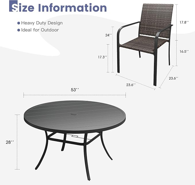 VICLLAX 9 Pieces Patio Dining Set, 8 Stakable Wicker Outdoor Chairs and 53" Patio Round Metal Table with Umbrella Hole for Backyard Lawn Deck, Black Tabletop