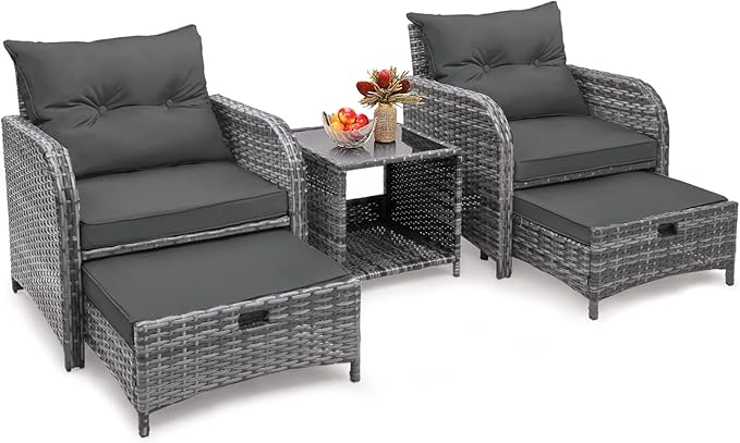 5 Pieces Wicker Outdoor Patio Chairs with Ottomans, All Weather PE Rattan Outdoor Conversation Set Bistro Patio Furniture Set with Hidden Ottoman for Porch Backyard Balcony, Grey
