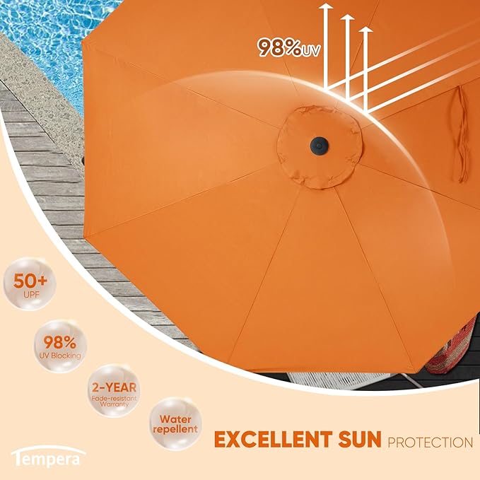 Tempera Patio Market Outdoor Table Umbrella with Push Button Tilt and Crank, Large Sun Umbrella with Sturdy Pole & Fade Resistant Canopy, Easy to Set