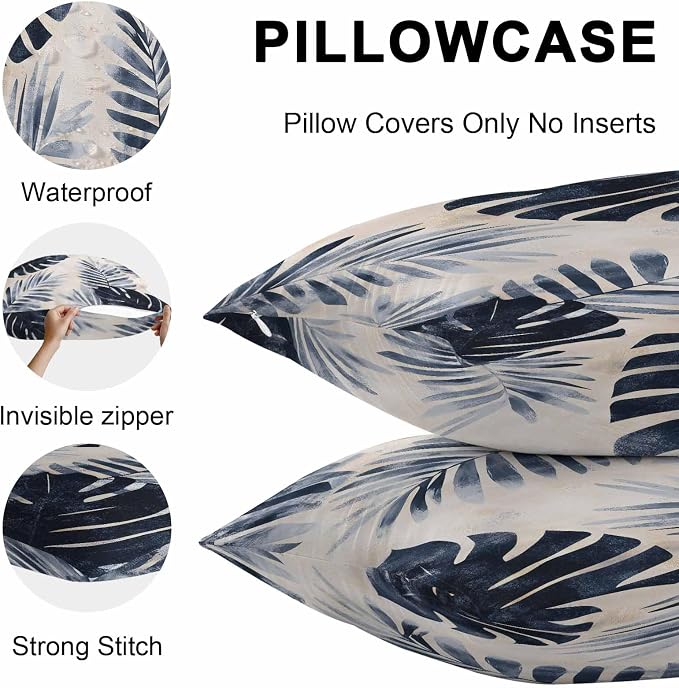 Pack of 2 Waterproof Outdoor Pillow Covers 26x26 Inch Decorative Pillow Covers Navy Blue Palm Leaves Throw Pillowcases Tropical Botanical Retro Outdoor Cushion Cover for Couch, Patio, Tent