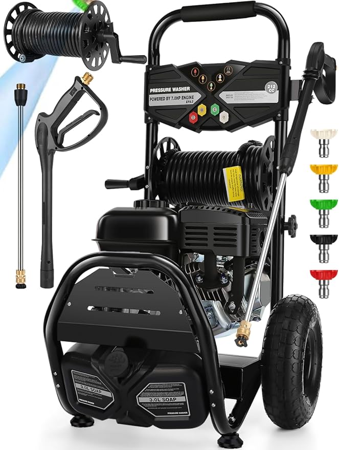 4200PSI Gas Pressure Washer 4.0GPM Gas Power Washer 212CC Gas Powered Washing Machine Commercial High Pressure Washer with 32ft Hose Reel&5 Nozzles for Patio Garden Yard Vehicle,EPA/CARB/ETL