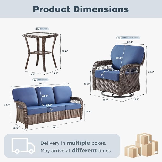 Belord Patio Chairs Set and 3-seat Sofa, Wicker Swivel Rocker Outdoor Chairs for Deck Yard and Poolside, 8 Piece Luxury Patio Furniture Set,Blue