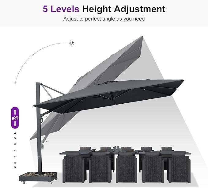 PURPLE LEAF 13' X 10' Space Saving Rectangle Patio Umbrella Large Outdoor Aluminum Offset Umbrella with 360-degree Rotation Cantilever Umbrella with Base Included for Garden Deck Backyard Pool Grey