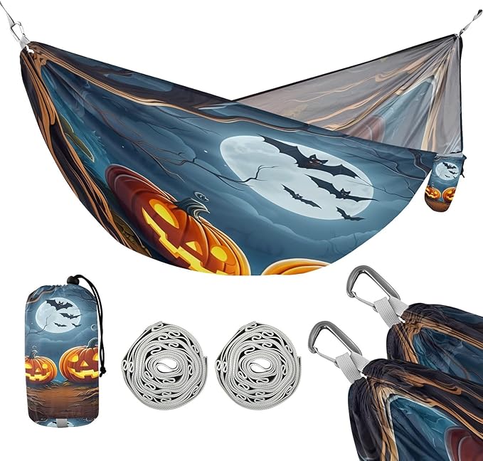 Hammocks for Outside Glowing Jack-o-Lantern Pumpkins Camping Hammock Portable Hammocks with Tree Straps and Carry Bag Camping Accessories for Hiking Beach Outdoor