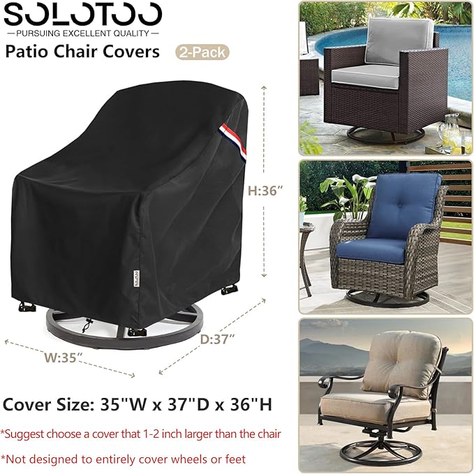 Patio Chair Covers Waterproof Heavy Duty Patio Furniture Covers, 35W x 37D x 36H Inches Swivel Outdoor Chair Cover 2 Pack (Black)