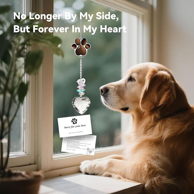 Dog Memorial Gifts, Pet Memorial Suncatcher, Loss of Dog Sympathy Gift | Thoughtful Dogs and Cats Bereavement Remembrance Gifts, Natural Cat's Eye Stone Paw Crystal Suncatcher