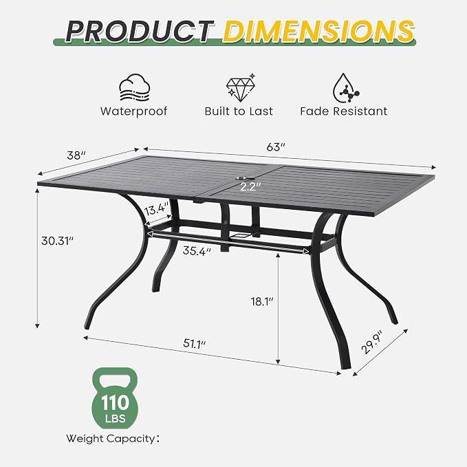 LVUYOYO Outdoor Patio Dining Table, Metal Rectangular Table with Umbrella Hole, All-Weather Furniture for Backyard, Garden,Balcony,Porch (Black)