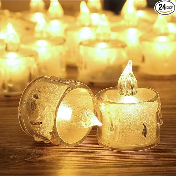 SupBri 24 Pack Flameless Tea Lights Candles Battery Operated, Crystal Led Tealight Candles,Votive Electric Fake Candles for Valentines Wedding Diwali Christmas Decorations