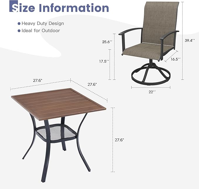 VICLLAX Outdoor Table and Chairs Set for 2, Small Patio Dining Set with 27.5" Metal Square Patio Table & 2 Swivel Outdoor Dining Chairs for Backyard Lawn Porch Garden, Mixed Brown & Walnut