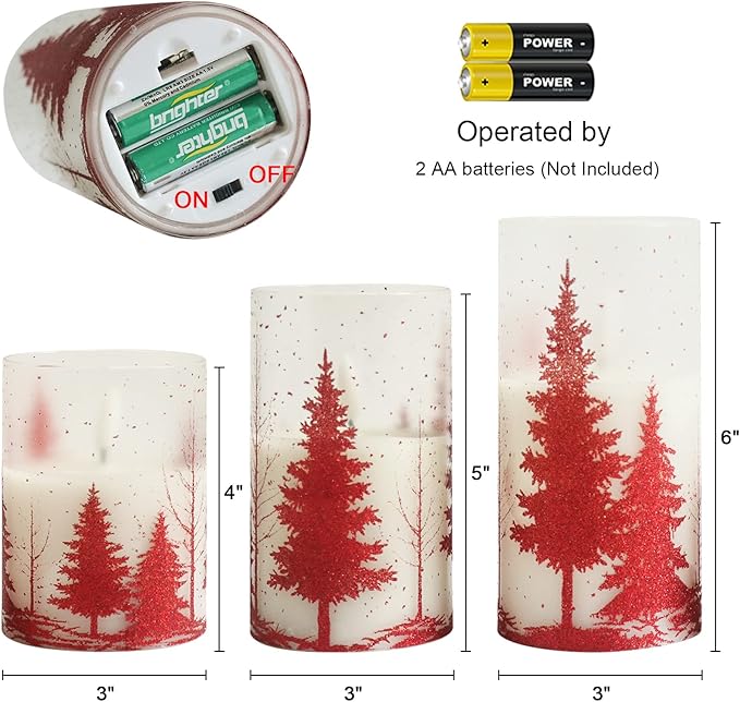 Wondise Glass Flameless Candles with Remote and Timer, Battery Operated Pine Tree Decals Pillar Candles for Home Decoration, Set of 3(D3 x H4/5/6 Inch)