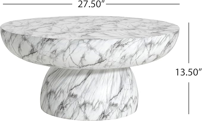 27.5" Round Outdoor Coffee Table Modern Faux Stone Coffee Table for Outdoor Circle Marble Center Tables with Pedestal Accent Tables for Patio Garden Backyard Balcony Weather Resistant, MgO