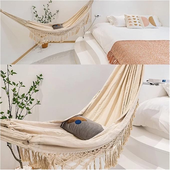 Swing Set Upholstery Hammock, Hammock for 2, Bohemian Style, Brazilian Lace Fringe, Carrying 250kg, Canvas Swing Chair, Indoor Hanging Swing Swing Seat (Color : Single Hammock Lace)