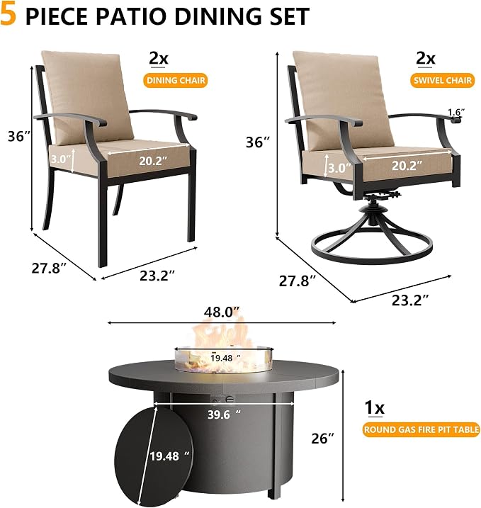 Kullavik 5 Piece Metal Outdoor Patio Furniture Set with Fire Pit Table,Outdoor Dining Table Set with 2 Fixed Chairs,2 Swivel Chairs and 55000 BTU Outdoor Round Fire Pit,Sand