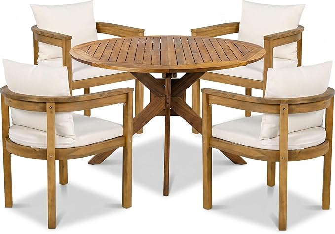 Christopher Knight Home Abact Acacia Wood Patio Dining Set for 4, Solid Wood Outdoor Dining Table Set for 4, Round Dining Table and Chairs Set of 4 with Cushion, Teak+Beige