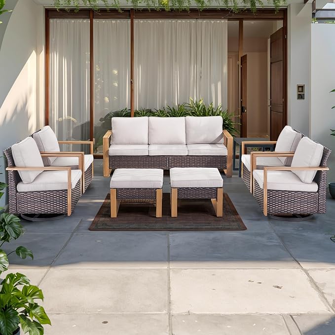 Rilyson Outdoor Wicker Patio Furniture Set - 8 Piece Patio Conversation Set with 4 Wicker Swivel Rocker Chairs,2 Rattan Ottoman 1 Side Table and 1 Couch,Thick Cushions,Deep Seating(Brown/Beige)