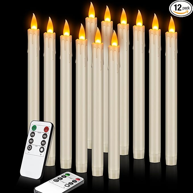 wemarry Flickering Flameless Taper Candles, 10" Fake Taper Candles Battery Operated with Timer, Long Lasting-Ivory Electric Led Candlesticks for Xmas Halloween Wedding Home Décor(Ivory Drip, 12 Pack)