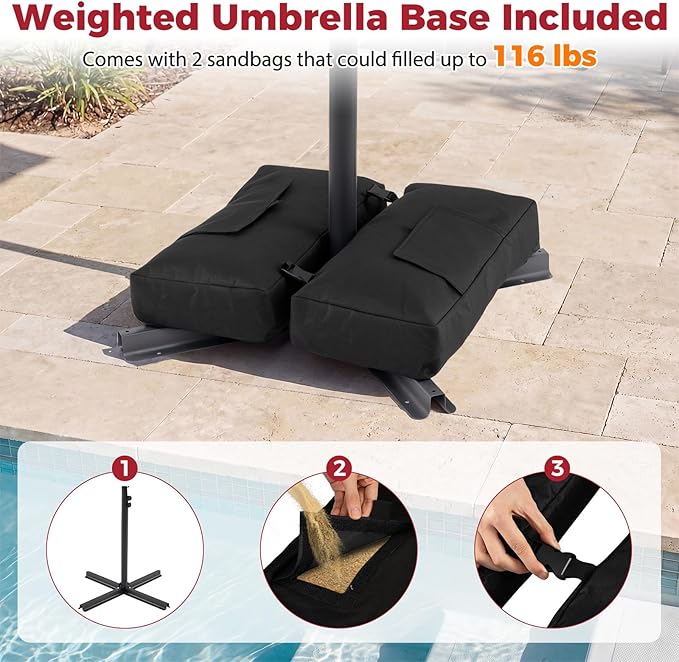 Tangkula 10ft Patio Umbrella with Base Included, Offset Cantilever Outdoor Umbrella with 360 Degree Rotation, 2 Sandbags, Crank Handle for Pool Deck Garden Backyard