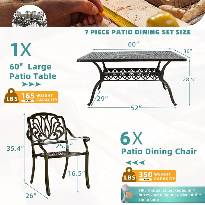MEETWARM 7-Piece Outdoor Patio Dining Set, All-Weather Cast Aluminum Patio Conversation Set for Backyard Garden Deck with 6 Chairs, 1 Rectangular Table, 2" Umbrella Hole, Dark Bronze