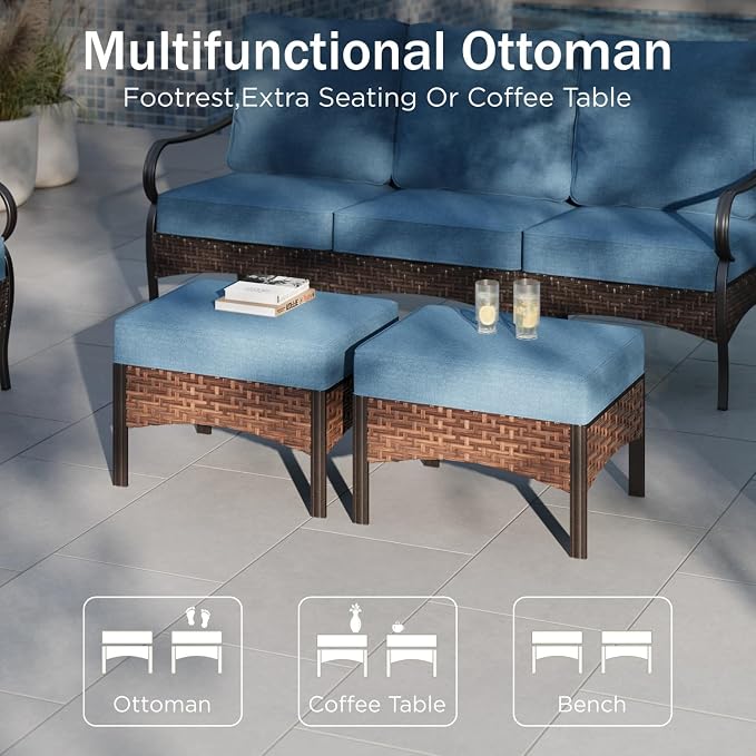 PHI VILLA Patio Furniture Set, Upgraded Wicker & Metal Modern Outdoor Conversation Sets Patio Sectional Swivel Chair Set with Coffee Table & Waterproof Thick Cushions for Porch, Deck(6 Pieces, Navy)