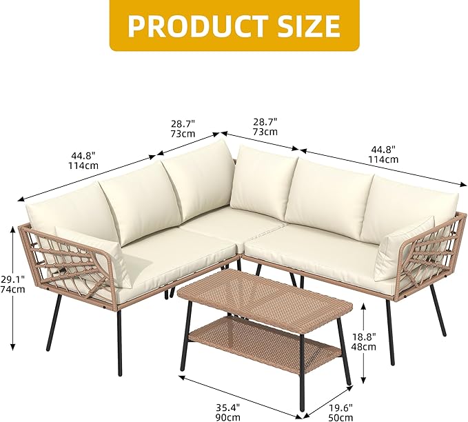 DWVO 4 Pieces Patio Furniture Set Outdoor Wicker Conversation Sectional L-Shaped Sofa with 2-Tier Coffee Table and Thick Cushions Outdoor sectional with 5 Seater for Backyard Porch (Beige)